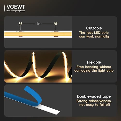 Miniatura 5 de COB - Tira de luces LED de color blanco cálido, 3000 K, 16.4 pies, 12 V, alto CRI 95Ra+, súper brillante, cinta de luces flexibles para dormitorio,