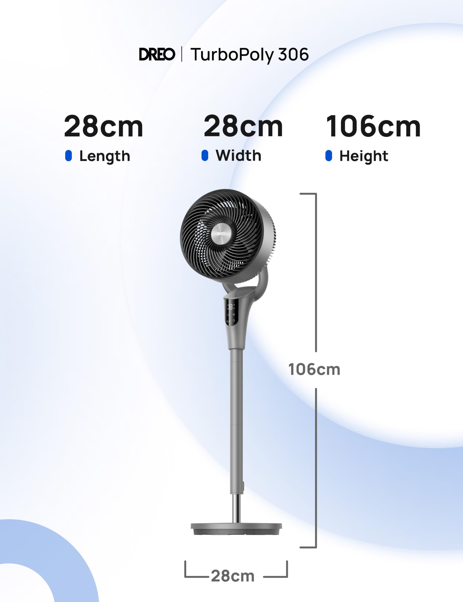 DREO Leiser Standventilator für Schlafzimmer [Verbessert], 27m Luftstrom, Leise, 90° Oszillierend, DC-Motor, 8 Geschwindigkeiten, 3 Modi, 96–106cm Höhenverstellbar, 8H Timer, 105° Manuell Neigbar