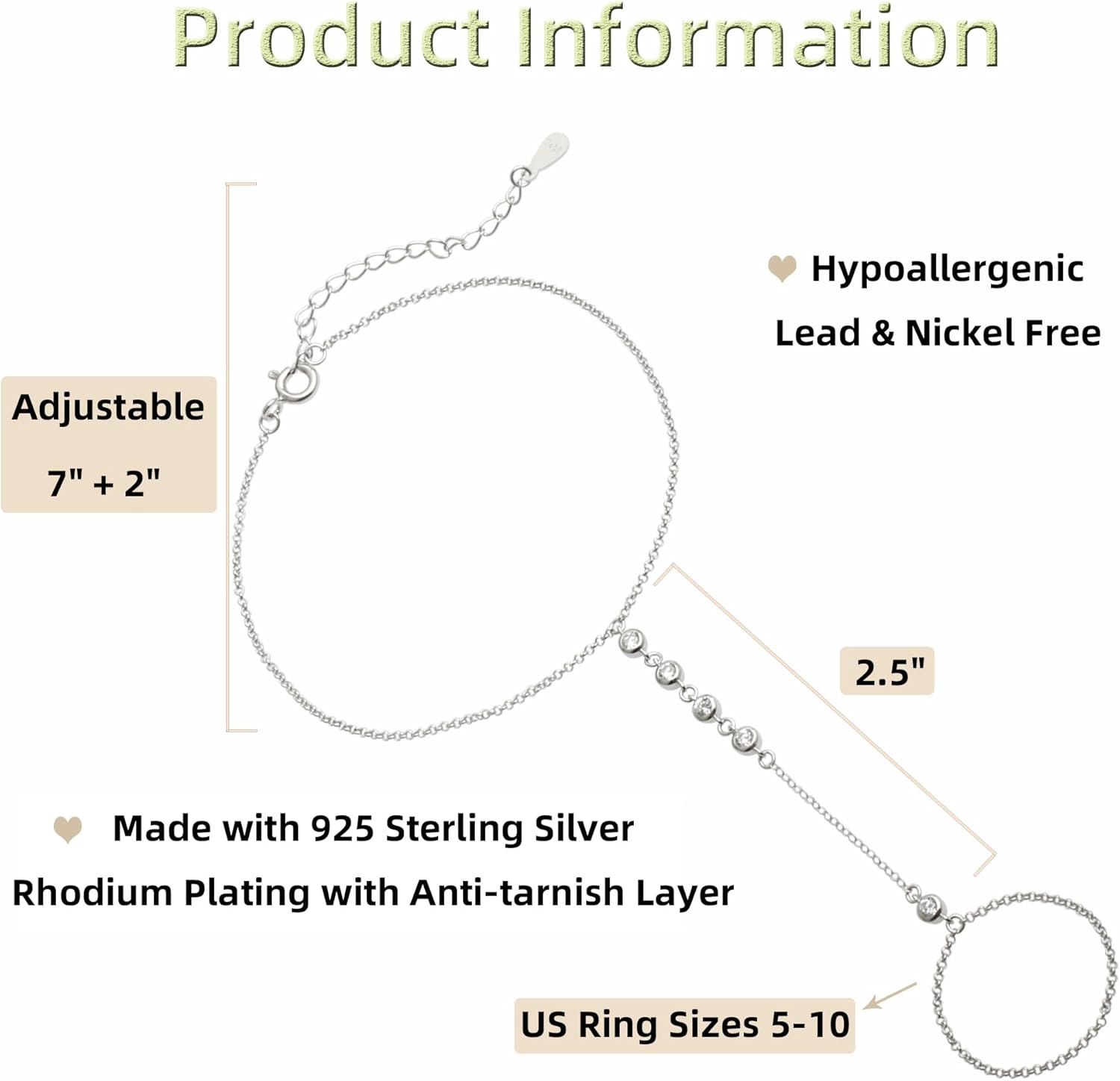 925 Sterling Silver Finger Ring Bracelet Hand Chain for Women, Slave Bracelets 7" to 9" Adjustable - Image 4