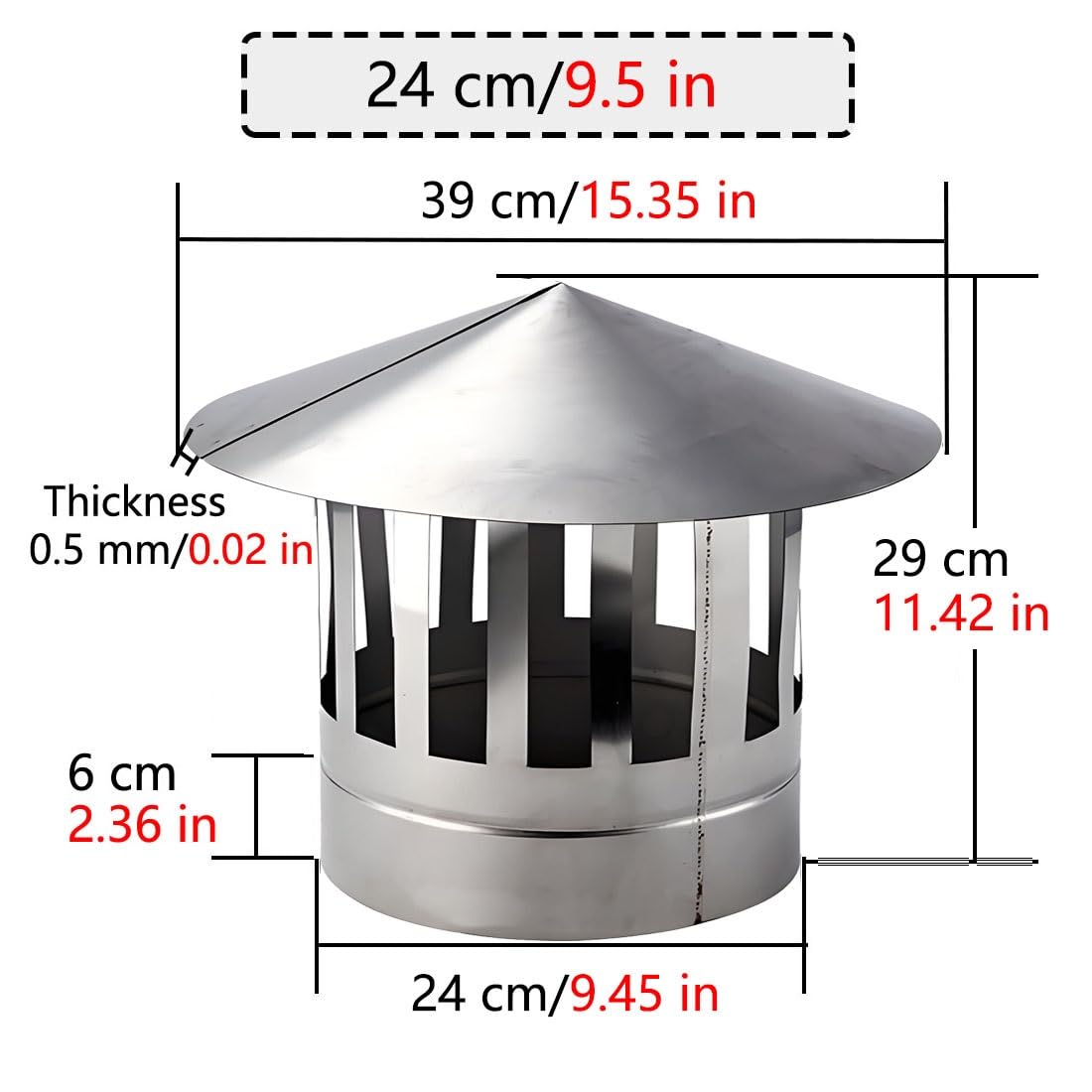 Osłona komina ze stali nierdzewnej, 10-25 cm, osłona przeciwdeszczowa z osłoną ptaków, grubość 0,5 mm, okap wentylacyjny do pieca na drewno, 24 cm