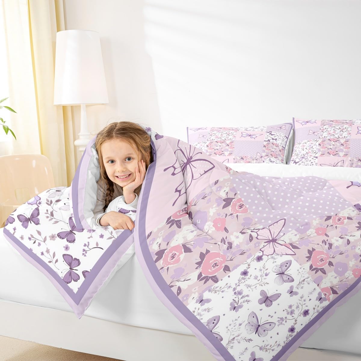 Feelyou Girls Purple Butterfly Bedding Set Soft for Boys Girls, Lilac Patchwork Comforter Set Twin Size Garden Floral Duvet Quilt Microfiber Cute Flower Bedroom Decor 2 Pcs with 1 Pillow Cases