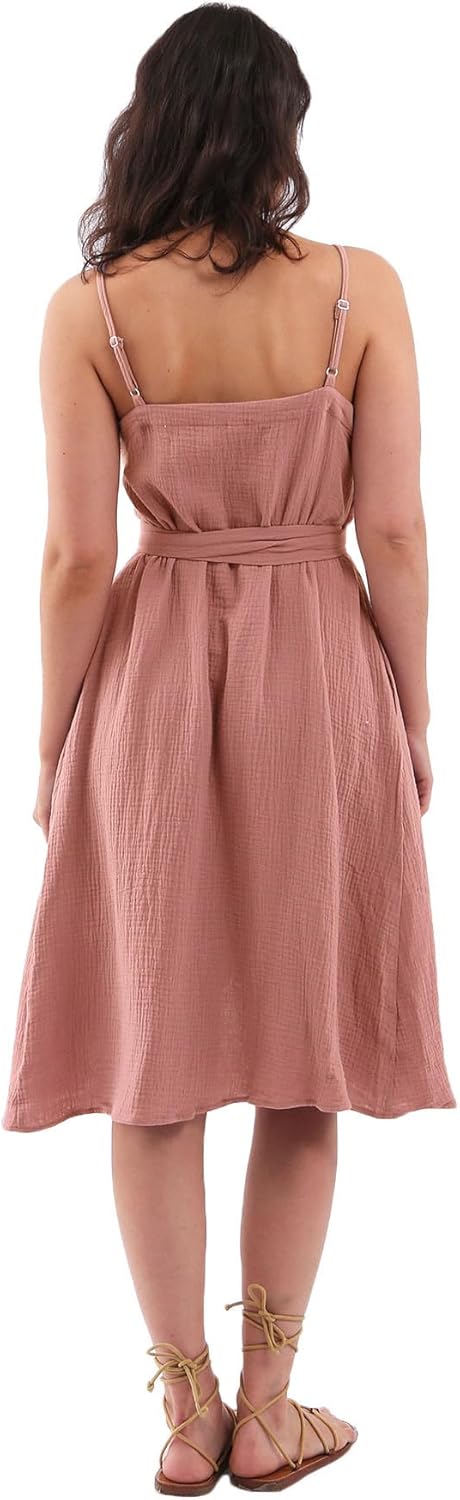 Amazhiyu Womens Cotton Summer Spaghetti Strap Sleeveless Midi Wrap Dress Pockets - Image 2