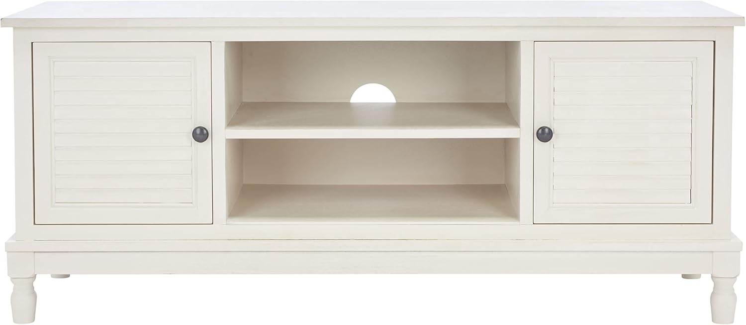 SAFAVIEH Tate TV Stand for up to 55" Flatscreen – Distressed White, 2 Doors with Interior Storage, 2 Open Shelves, Entertainment Media Console (MED5708A)