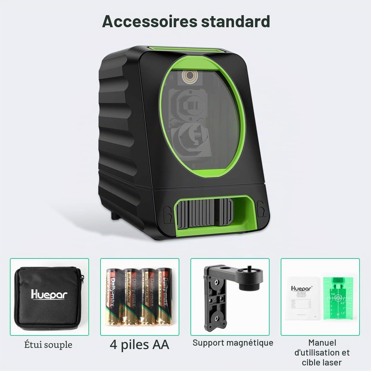 Huepar BOX-1G Niveau Laser Croix Vert, Commutable Ligne Laser Auto-nivellement avec Mode Pulsé Extérieur, H130°/ V150°Angle de couverture, Distance de Travail 25m, Base Magnétique Incluse