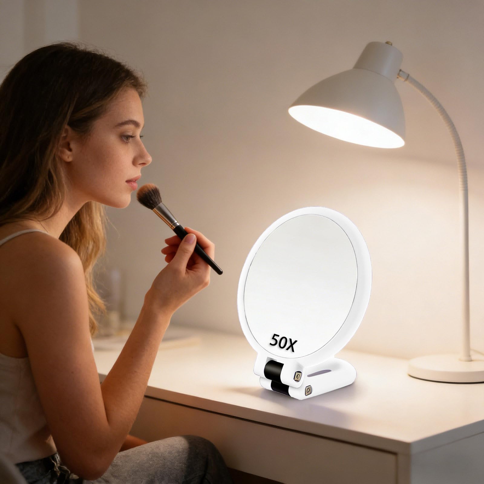 Lusterko powiększające 50x, ręczne lusterko z uchwytem, dwustronne lusterko z powiększeniem 50X/1x, niezbędne w podróży, przenośne, składane, do precyzyjnego makijażu, matowe czarne