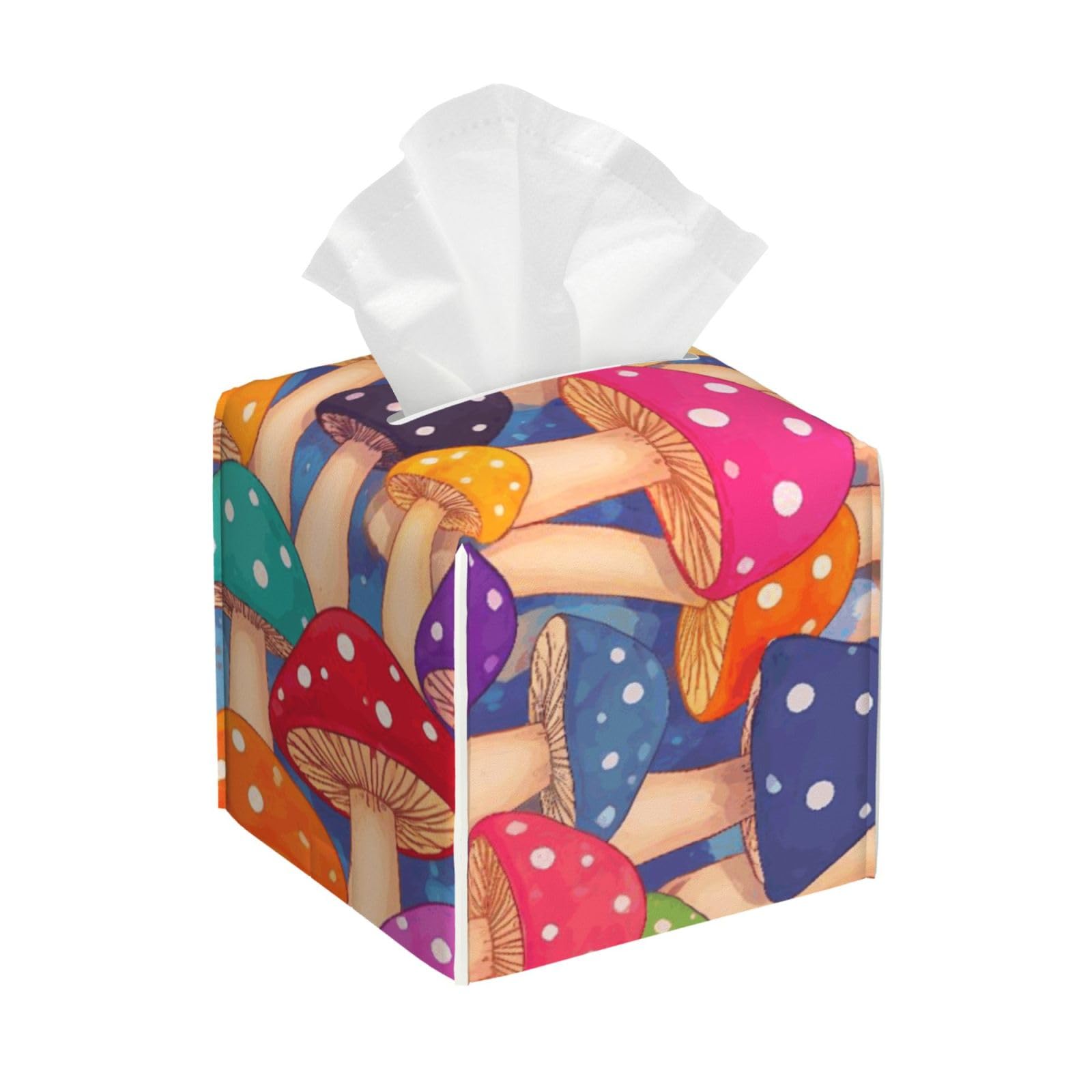 Colorful Mushrooms Art Leather Tissue Box Cover Holder Square Facial Paper Organizer 5.2" X 5.2" X 5.2"