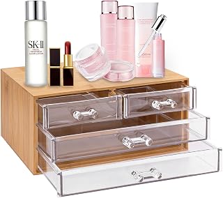Wood Cosmetic Storage Organizer with 4 Acrylic Drawers, Countertop Makeup Organizer Jewelry Storage Box, Desktop Organizer Dresser Display Case for Skincare, Bedroom Dresser, Bathroom Counter