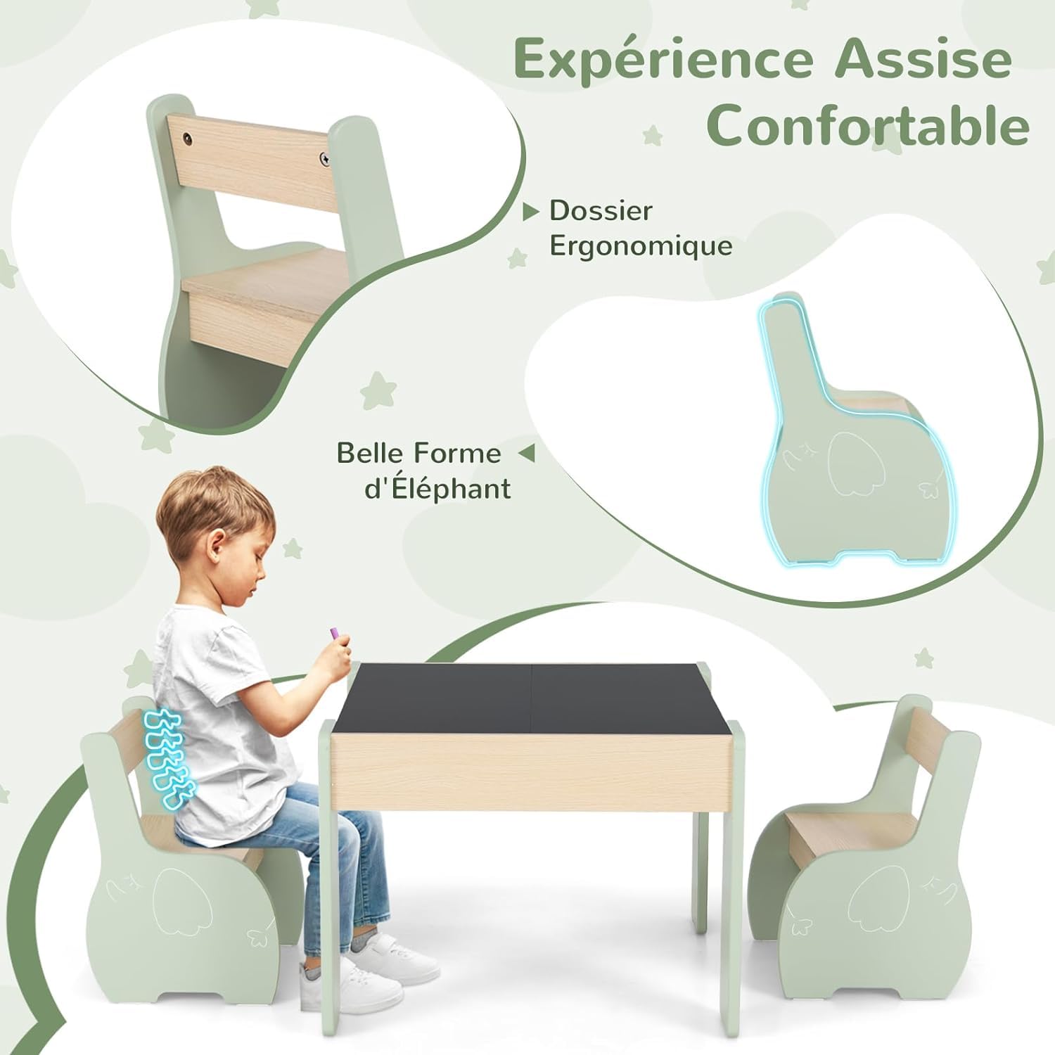 GOPLUS Table Enfant avec 2 Chaises, 4 en 1 Table d’Activité avec Plateau Rabattable à Double Face Tableau Noir/Blanc, Petit Bureau Enfant avec Rangement pour 3-6 Ans, Charge 30KG, Vert
