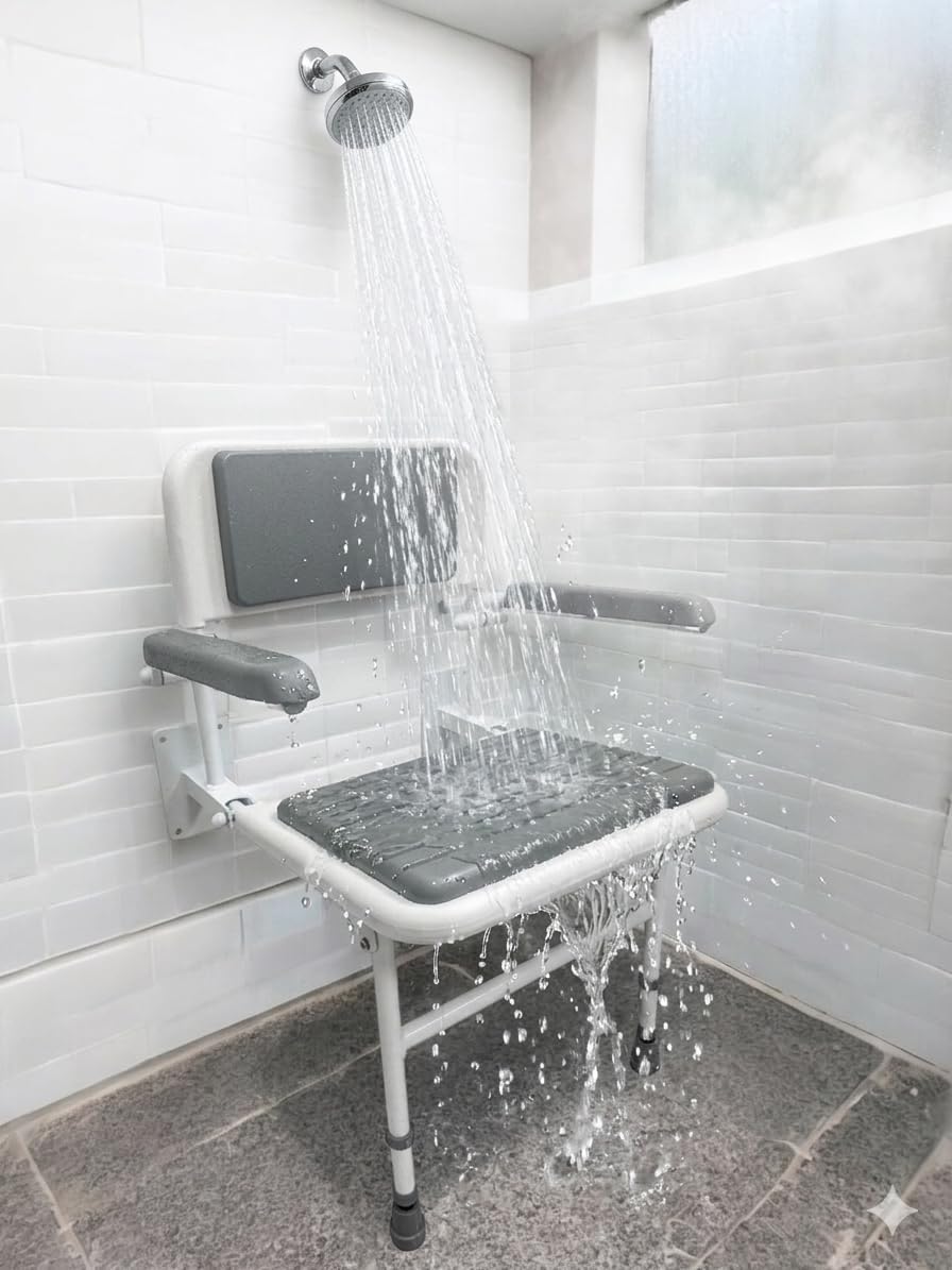 Wall Mounted Foldable Shower Seat with Independently Folding Padded Arms, Back & Seat – Ideal for Seniors, Elderly, Pregnant Women, and Disabled Individuals – Adjustable Height for Customized Comfort