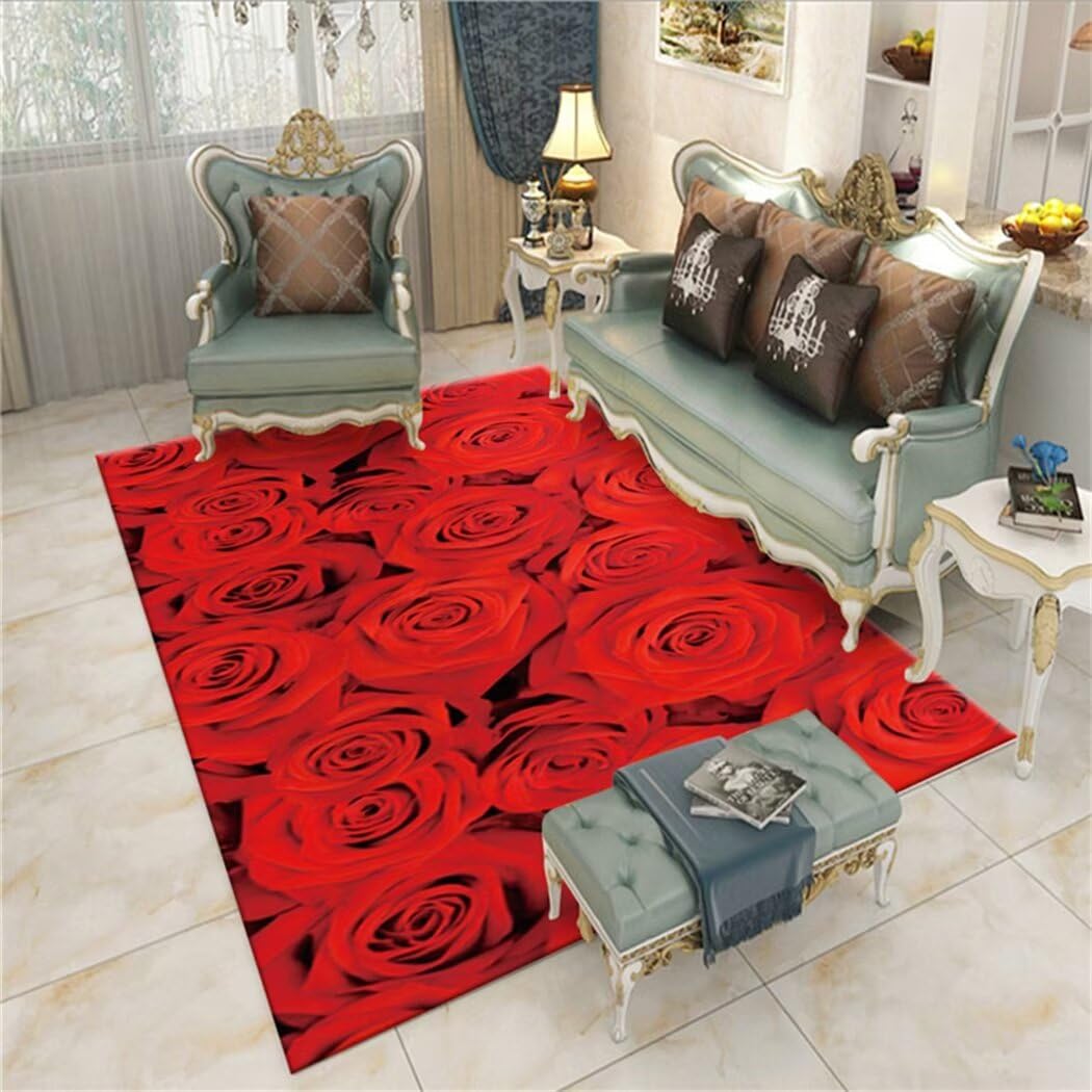 Tapis de chambre et chevet rouge à motif fleurs 3D douceur sous les pieds 80x160cm