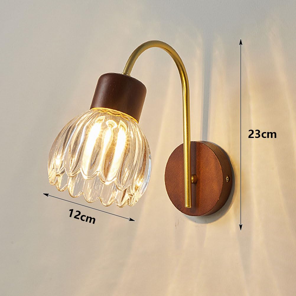 Drewniana lampa ścienna do wnętrz E27, vintage, kinkiet, złoty, z kloszem ze szkła kwiatowego, industrialna lampka nocna, dekoracyjna lampa ścienna w stylu retro do sypialni, salonu, stolika nocnego