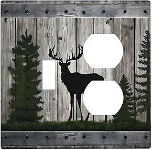 Decorative Outlet Covers Rustic Deer Elk Forest Grey Wood Board 2 Gang Wall Plate Cover Single Toggle Duplex Combo Two Switch Light Switch Cover Plate Jumbo Faceplate
