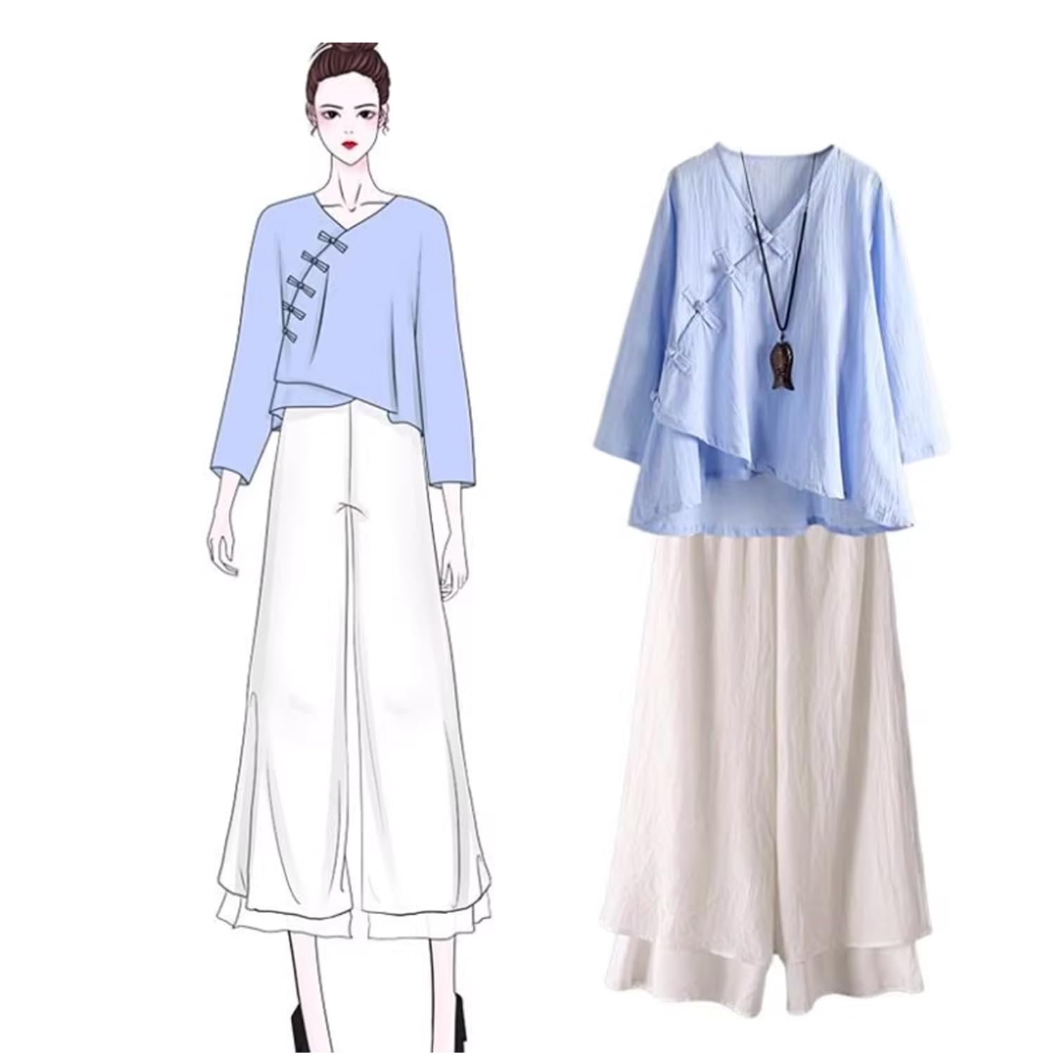 PRINCESS BRIDE Hanfu, camicia traspirante in cotone, design asimmetrico, retrò, rana cinese, bottoni, camicetta da donna