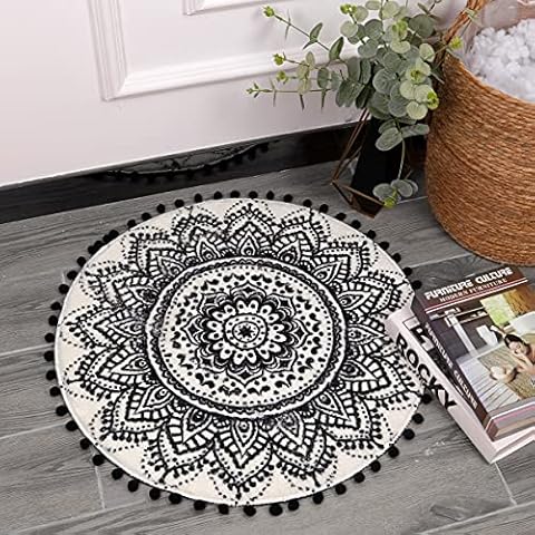 LEBOX Round Bath Rug 2ft Mandala Boho Small Area Rug with Chic Pom Pom Fringe Non-Slip Machine Washable Personalized Ultra Soft Bathroom Mat Black and Cream Throw Rug for Bathroom Playroom Decor Cover