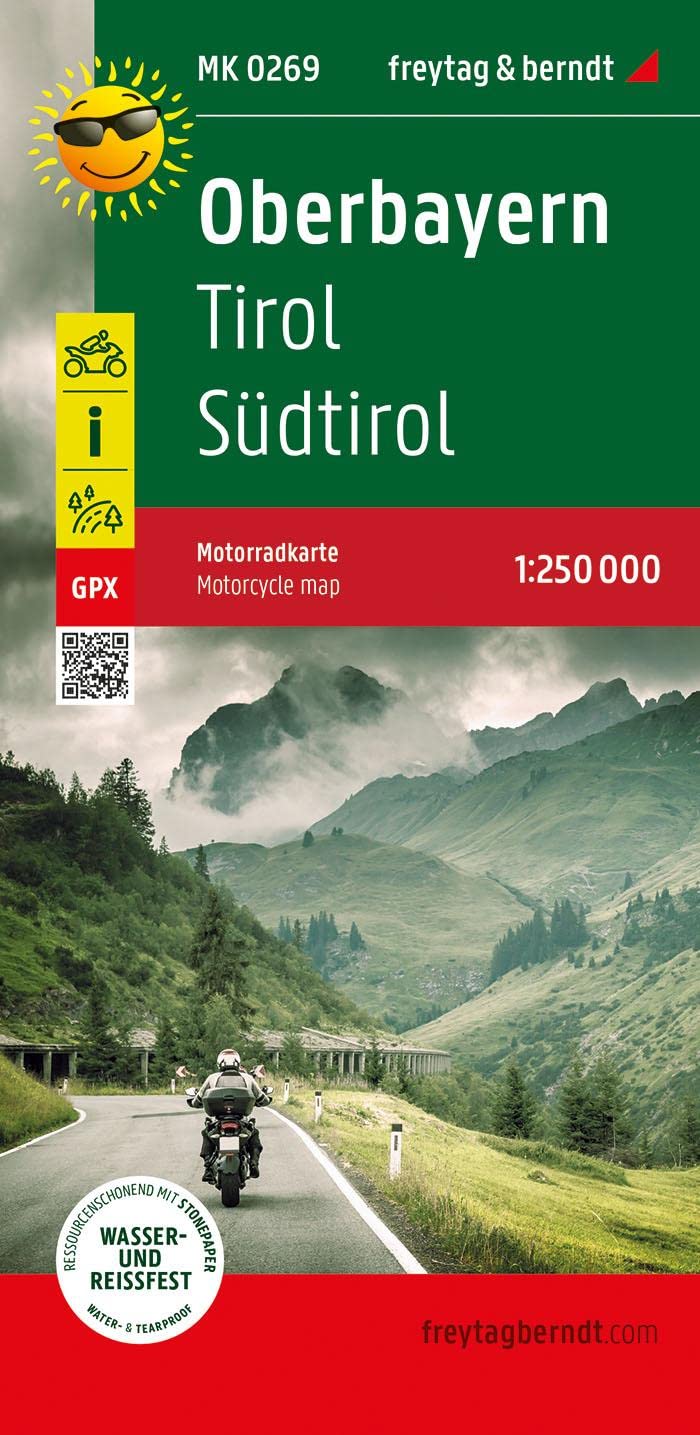 Upper Bavaria, motorcycle map 1:250,000, freytag & berndt: Toureninfos, GPX Tracks, wasserfest und reißfest