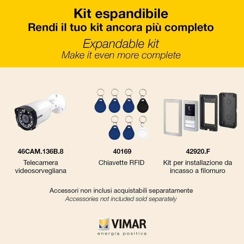 Vimar K42955 Kit videocitofono WIFI monofamiliare, alimentatore barra DIN, touch screen vivavoce Wi-Fi a colori LCD 7", targa audiovideo RFID