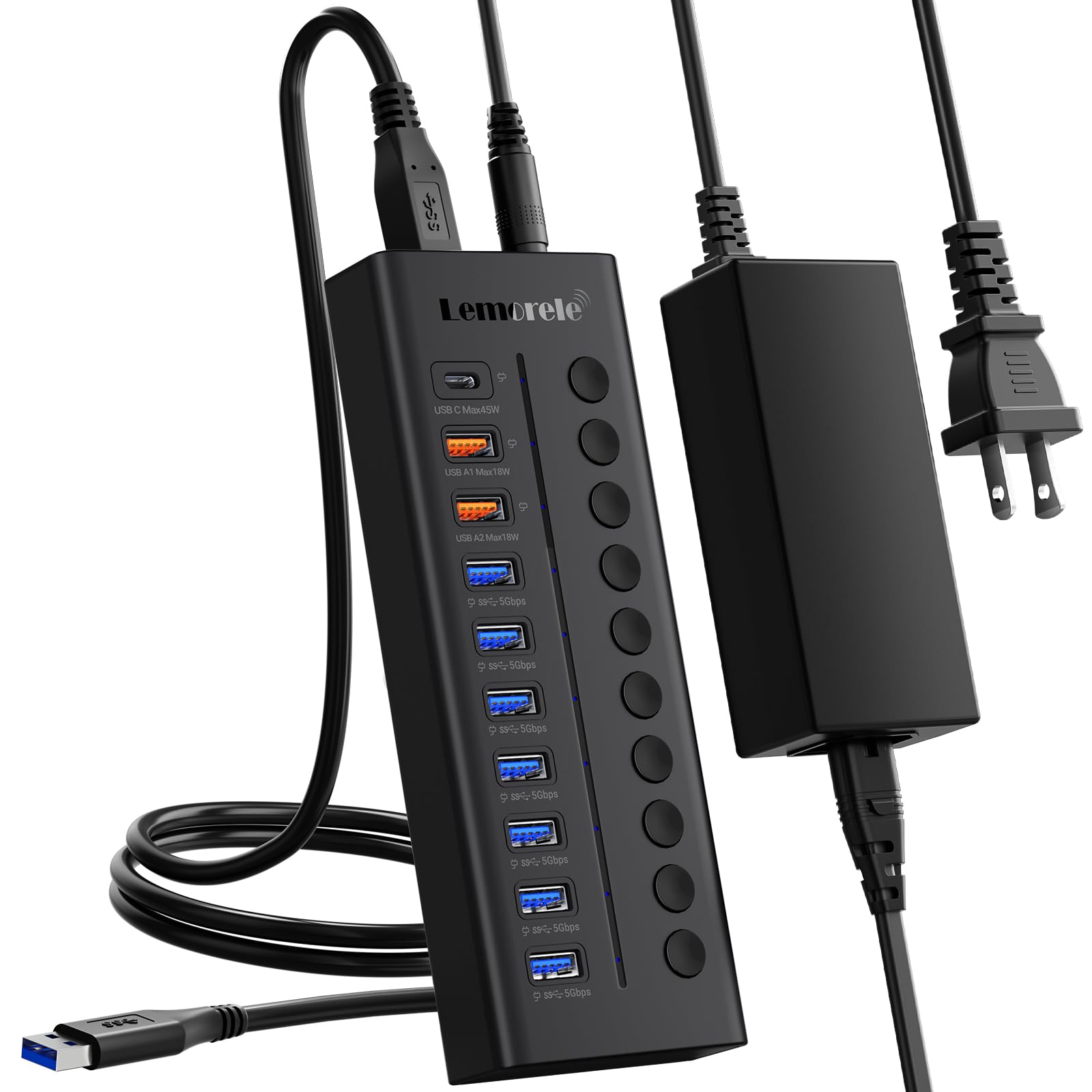 Lemorele 72W Powered USB Hub - 10-Port Splitter Hub (7 Data Transfer + 1 Smart USB Charging + 2 USB C Charging) with Individual LED On/Off Switches, USB 3.0 Hub, for Mac, PC & More