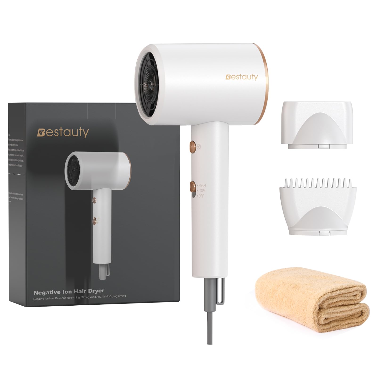 Asciugacapelli Ionico 2000W, Phon Capelli, 2 velocità, 3 impostazioni di temperatura, ultraleggero e portatile, 2 ugelli + cappuccio di asciugatura, adatto per viaggi, casa e bambini