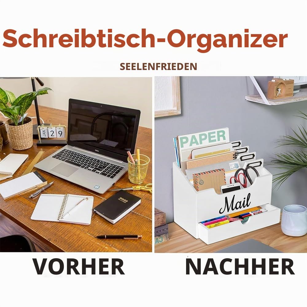 Hölzernen Schreibtisch Mail Organizer, Mail Organizer Arbeitsplatte mit 4 Fächern und Schublade für Büro Schule Rechnungen Dokumente, Weiß Holz Schreibtisch Organizer