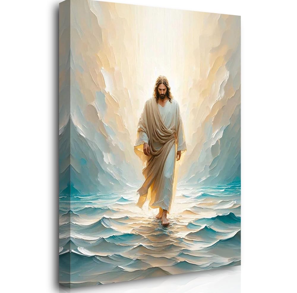 Reateforin Blue Jesus Walking on Water Pictures Wall Decor Christian Wall Art Framed Jesus Picture LDS Art Religious Painting Bible Verse Christ Home Decor Christian Painting for Mens Bedroom 12"X16" — image 1
