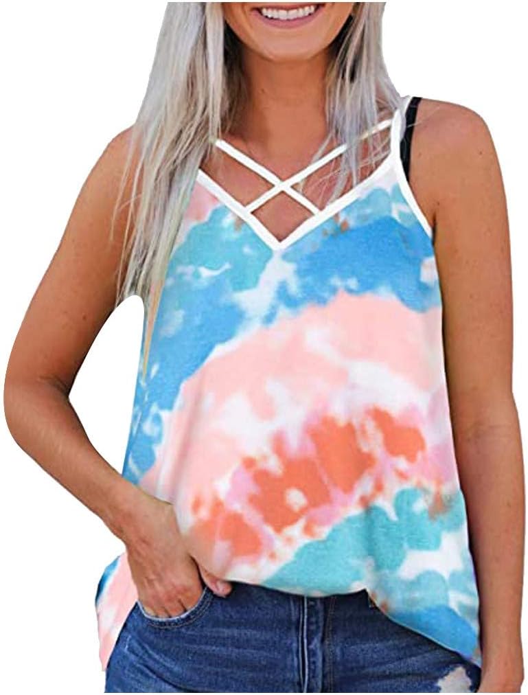 Women Tie Dye Tank Top Twisted Floral Print Loose Casual Shirts Sleeveless Tops Bringbring
