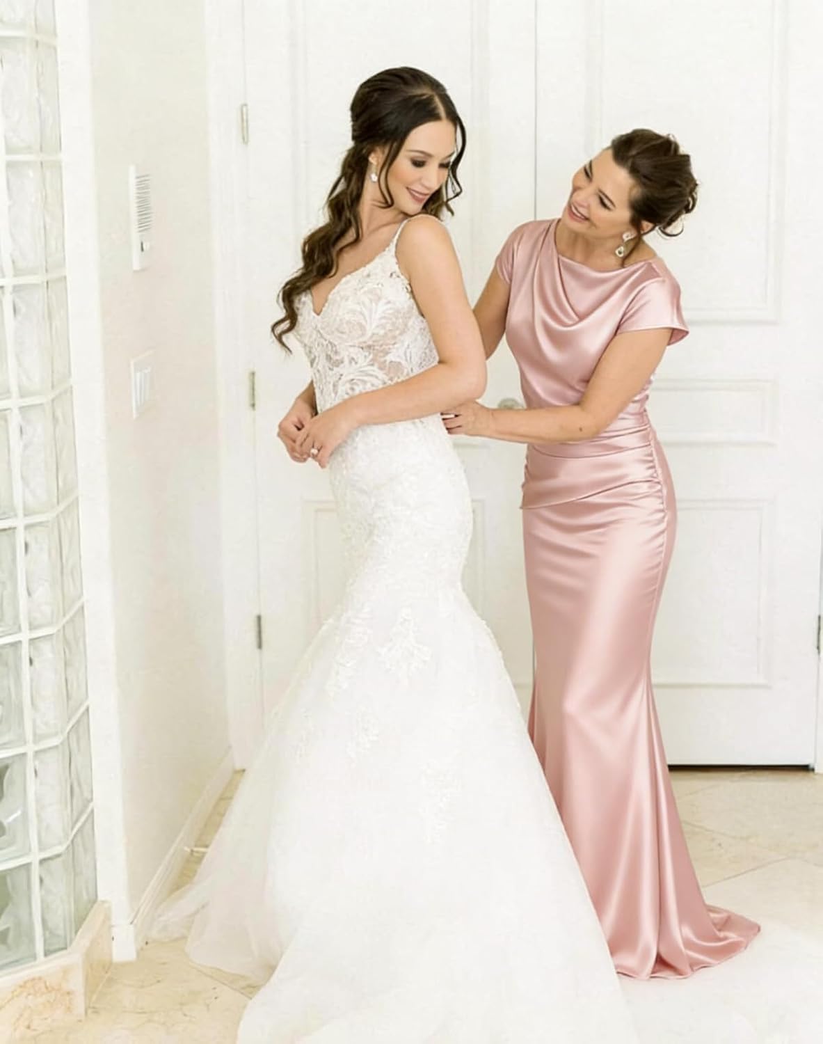 Satin Mother of The Bride Dress for Wedding Long Mermaid Ruched Cap Sleeve Cowl Neck Formal Wedding Guest Dresses