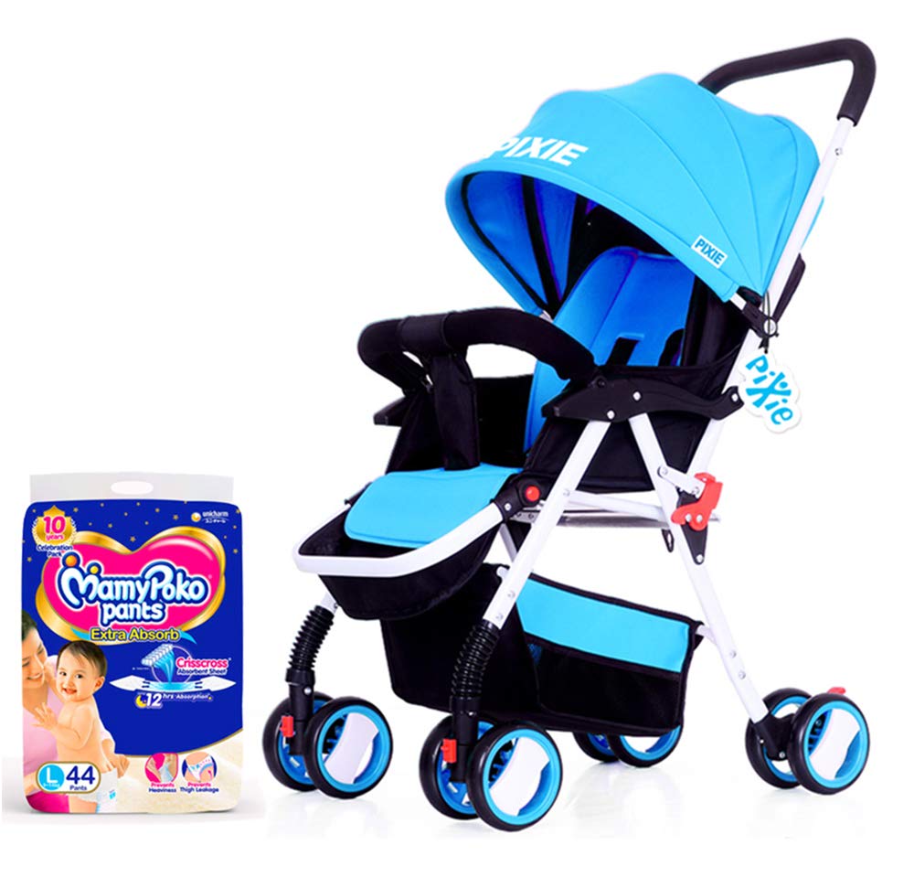 Pixie Travel Light Stroller (Blue) Free Mamypoko Pants Diaper Large 9-14Kg (44 Counts)