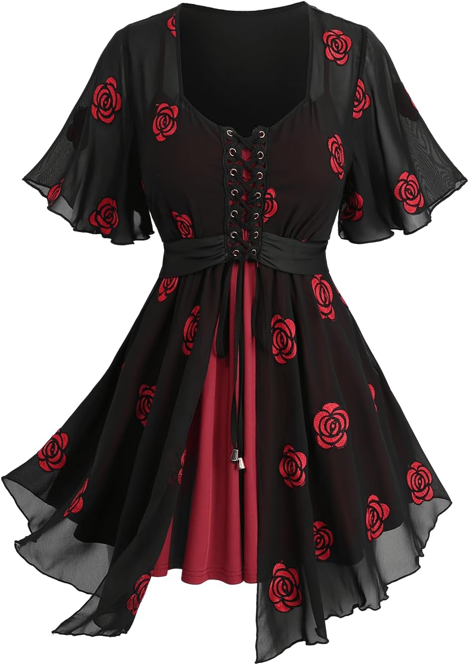 Rosegal Women Plus Size Romantic Goth Short Flutter Sleeve Tee Rose Embroidery Lace-up Chiffon Flowy Gothic 2 in 1 Top