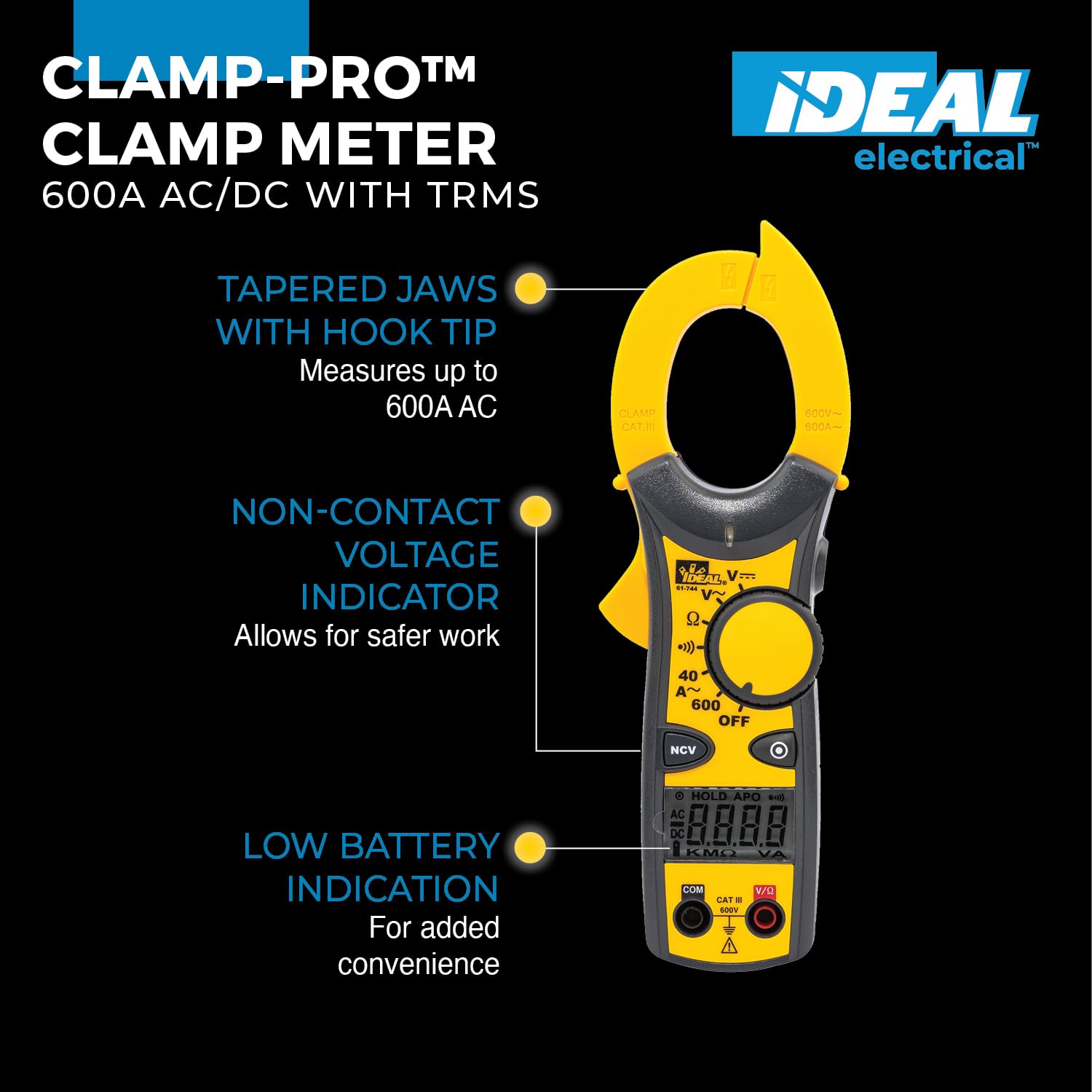 Ideal Electrical Clamp-Pro Clamp Meter, 600A AC Measurement, Multimeters — Amazon image 2
