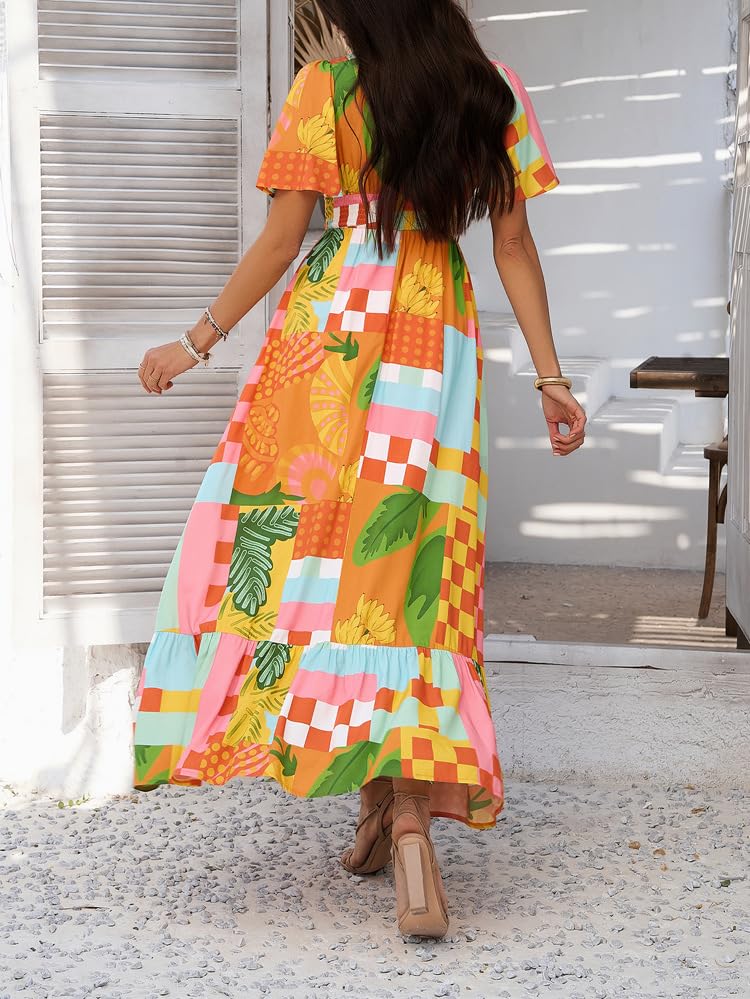 Image of Boho Floral Maxi Dress for Women 2026 Empire Waist Short Sleeve Dresses Summer Beach Vacation Wedding Guest Outfit