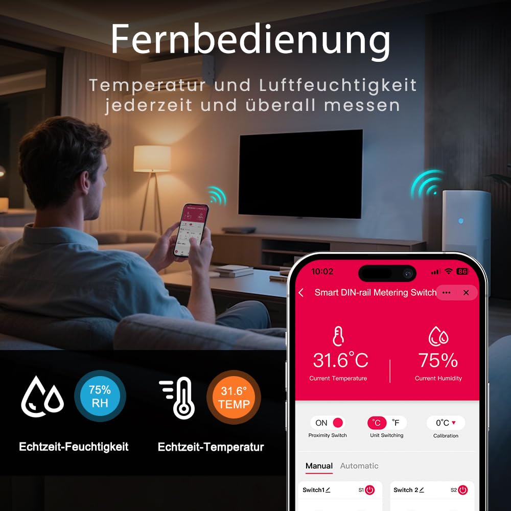 TONGOU Digitales Display Temperatur Hutschiene DIN, Regler Thermostat mit NTC Sondensonde Temperatursensor, Dry Contact Smart Schalter 2-Kanal, TUYA/SMART Life APP