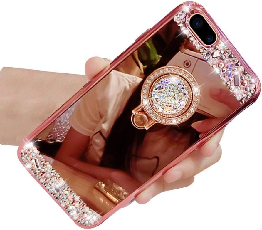 LozeguyciPhone 8 Plus Case,Luxury Crystal Rhinestone Soft Rubber Bling Diamond Glitter Mirror Makeup Case for iPhone 8 Plus 5.5 Inch with Detachable 360 Degree Ring Stand-Rose Gold