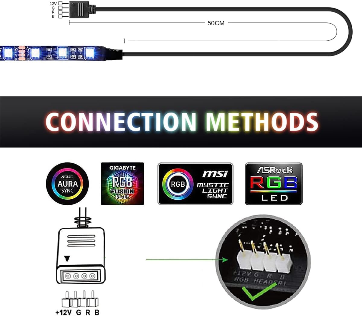 Vrabocry LED RGB PC Light Strip 1PCs 19.7in Computer Case LED Strip for 12V 4-Pin LED headers for ASUS Aura Sync Gigabyte RGB Fusion - Image 3
