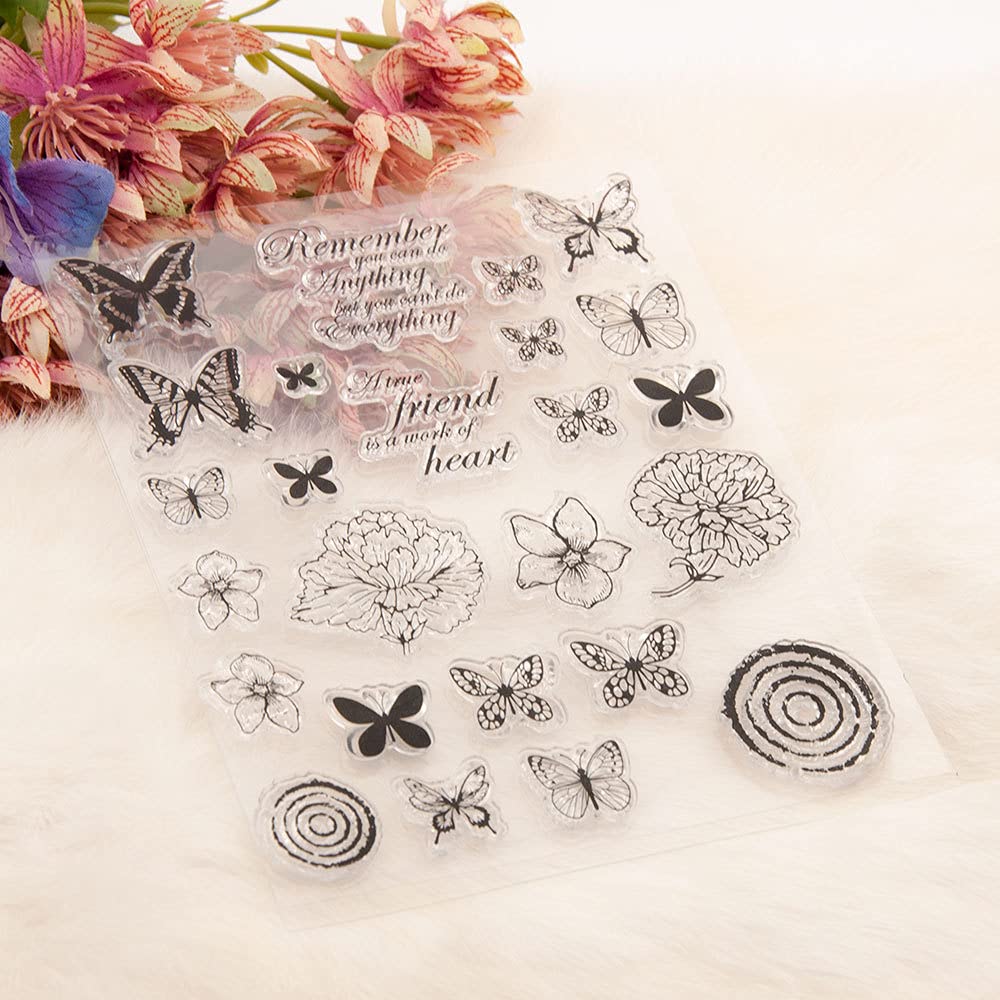 arriettycraft Timbri trasparenti per decorare biglietti e album fai da te, con fiori di farfalla, peonia, amici
