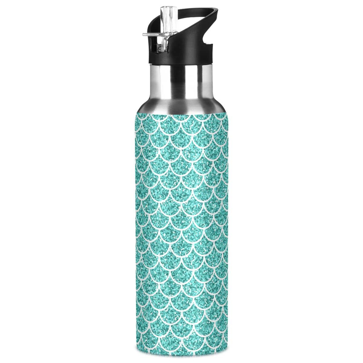 Edelstahl Wasserflasche mit Strohhalm, Glitzer Blaugrün Meerjungfrau Waage Muster Isolierte Trinkflasche Sport Wasserflasche für Kinder Erwachsene, auslaufsicher, 1L