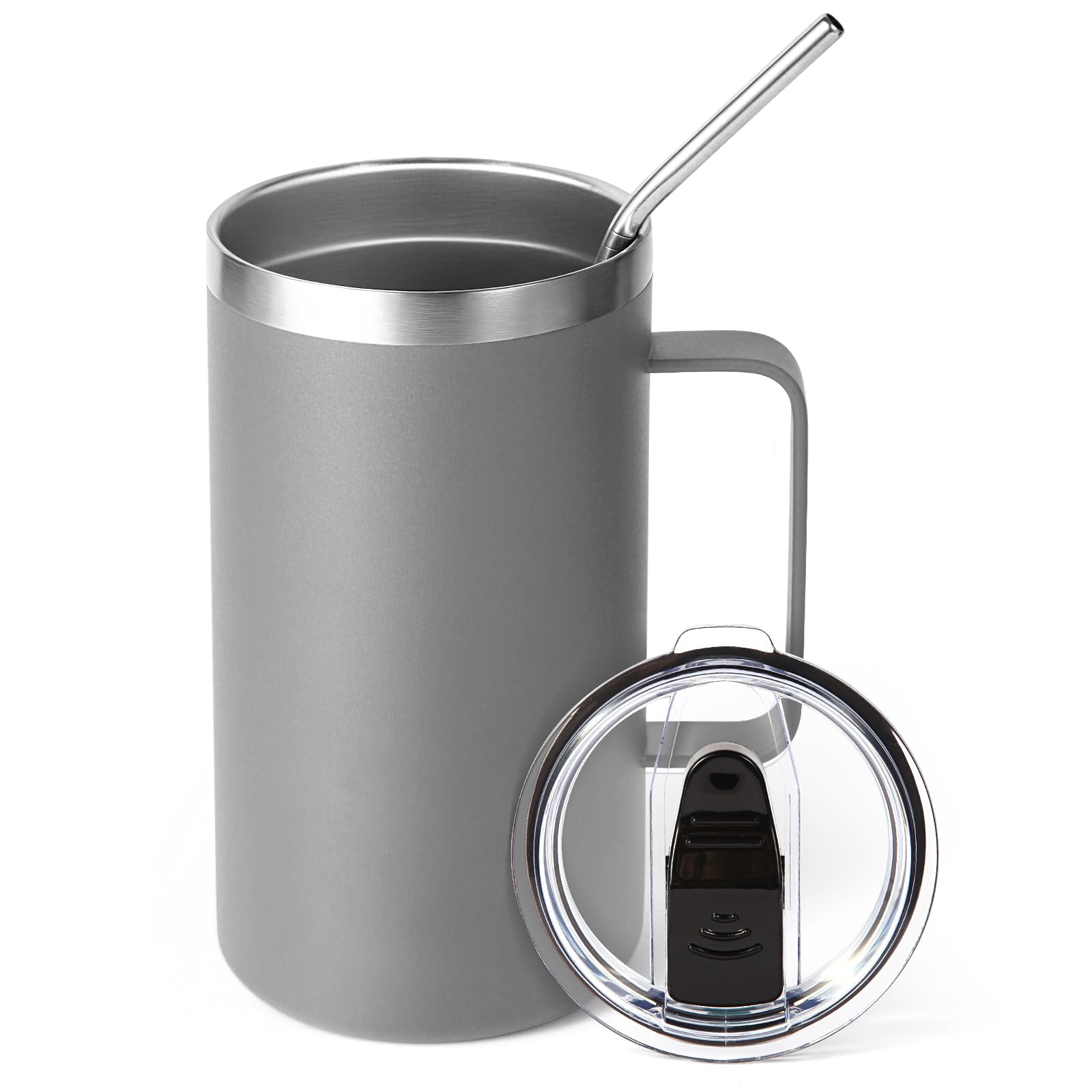 Volhoply 650ml Kaffee-Thermobecher, doppelwandiger Vakuum-isolierter Edelstahlbecher mit Griff, lebensmittelechter 18/8-Edelstahl, hält Getränke heiß und kalt für Camping, Büro (Grau, 1er-Set)