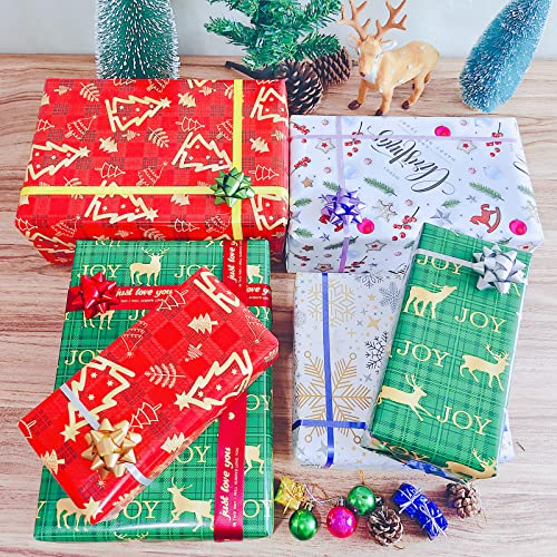 Thmort Christmas Wrapping Paper For Kids, Boys&Girls, Adults Man Woman Green Red White Background With Christmas Deer&Tree Gift Wrapping Paper 4 Colorful Designs For Baby Shower, Holiday, Party. Pack Of 12 Sheets 20 X 29 Inch #TOP3