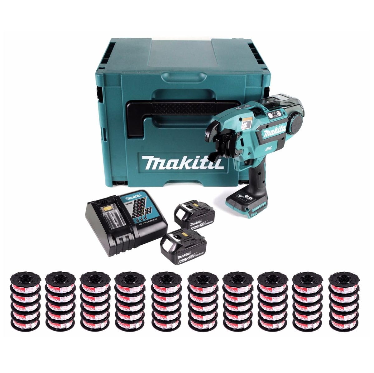 Makita DTR 180 RTJ złącze zbrojeniowe akumulatorowe 18 V bezszczotkowe z 2 x 5,0 Ah akumulatorem i ładowarką w Makpac + 25 x drut wiążący
