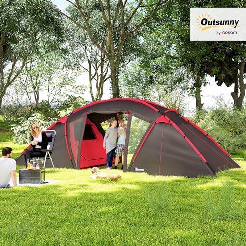 Outsunny 4-6 Man Family Camping Tent W/ 2 Bedrooms And A Living Room, Waterproof Tunnel Tent W/Sewn In Groundsheet, Doors, Windows, Carry Bag, Grey - 2