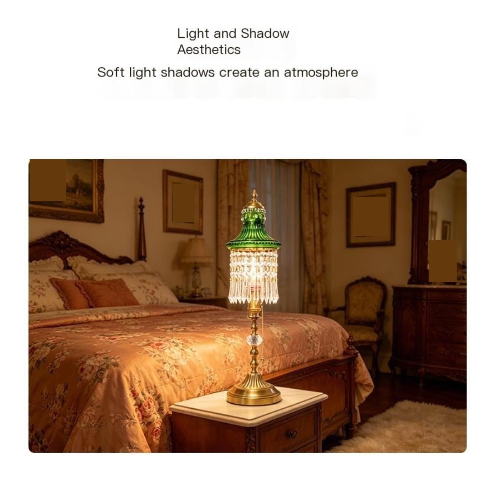 Lampada vintage con nappa in cristallo, luce ambientale sul comodino