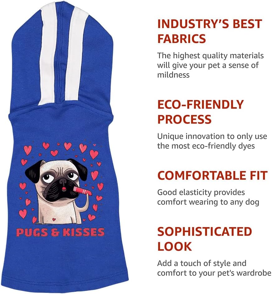 Pugs and Kisses Dog Shirt with Hoodie - Heart Design Dog Hoodie - Printed Dog Clothing - Pink White, M