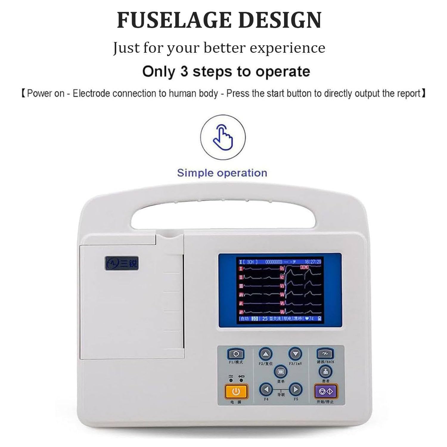 Elettrocardiografo Portatile con Carta Stampata, Monitor ECG Digitale a 12 Derivazioni E 3 Canali con Display LCD a Colori, Monitor Cardiaco Mobile, per Terapia Intensiva E Uso Domestico.