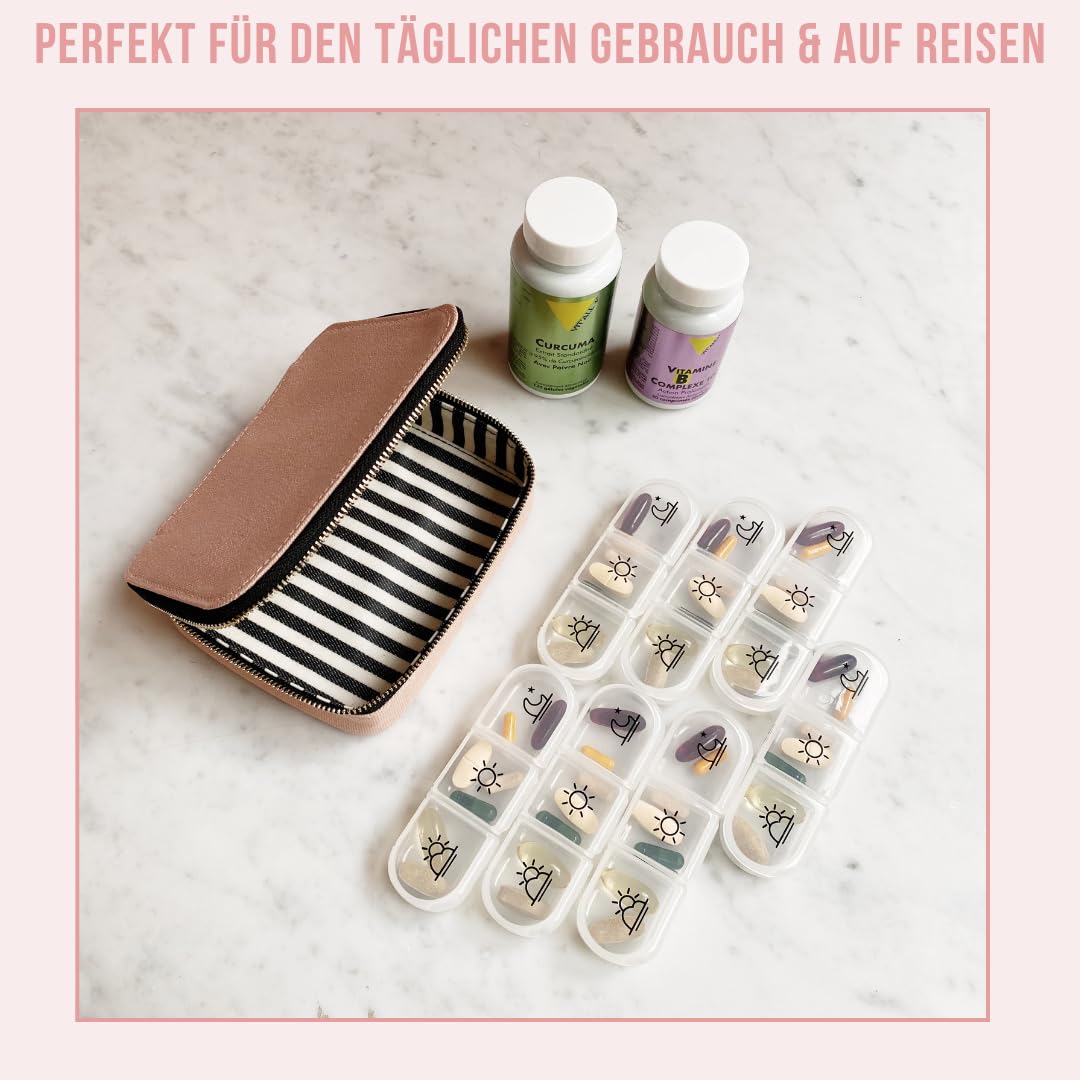 Bag-all Large Pill Große Pillenbox Reise | Tablettenbox mit Wochendosierer | Medikamenten Organizer aus Baumwolle mit Reißverschluss | Reiseapotheke Tasche mit Tagesfächern | Rosa