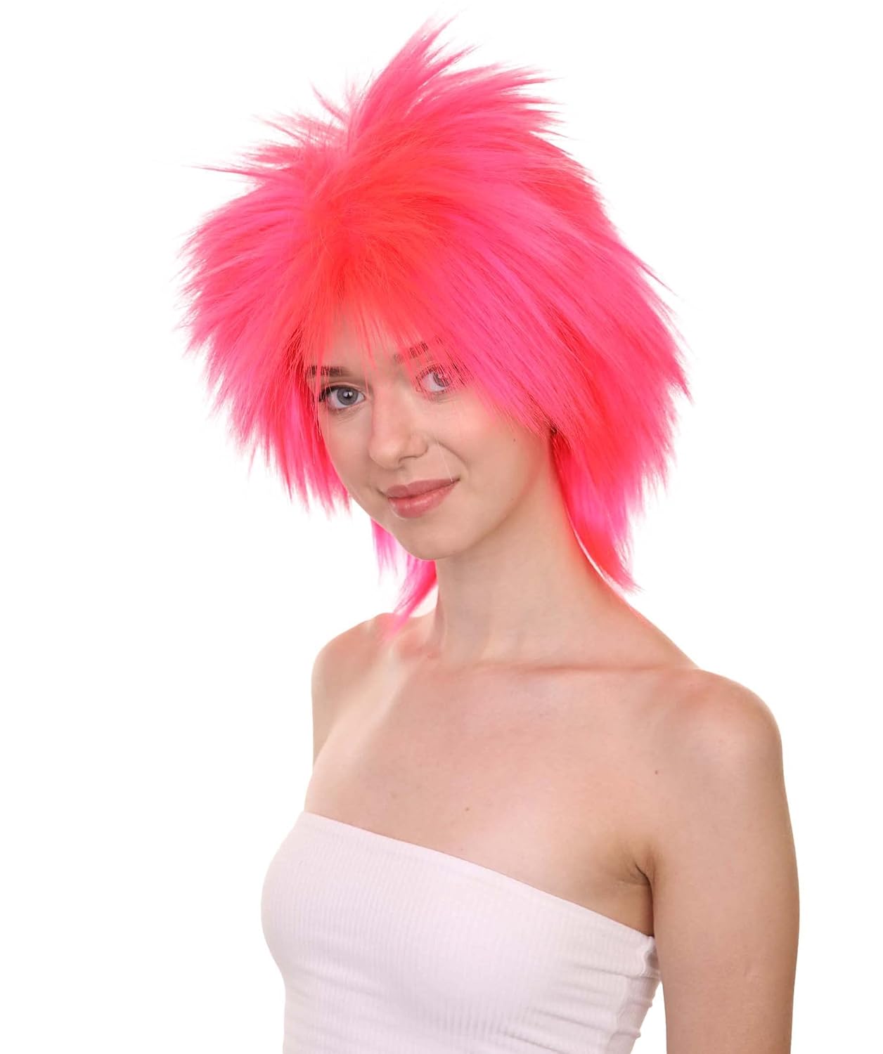 Halloween Party Online Women's Funky Punk Neon Pink Wig for Adults | Breathable Capless Cap | Flame‑Retardant Synthetic Fiber | Halloween Cosplay or 80s Costume Wigs