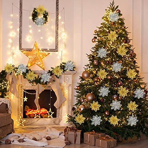 12 Pcs Christmas Tree Flowers, Christmas Decorations Artificial Flowers, Christmas Tree Decor Poinsettia Glitter Xmas Flowers Bushes, Christmas Tree Ornaments Christmas Garland Festive Party (Silver)