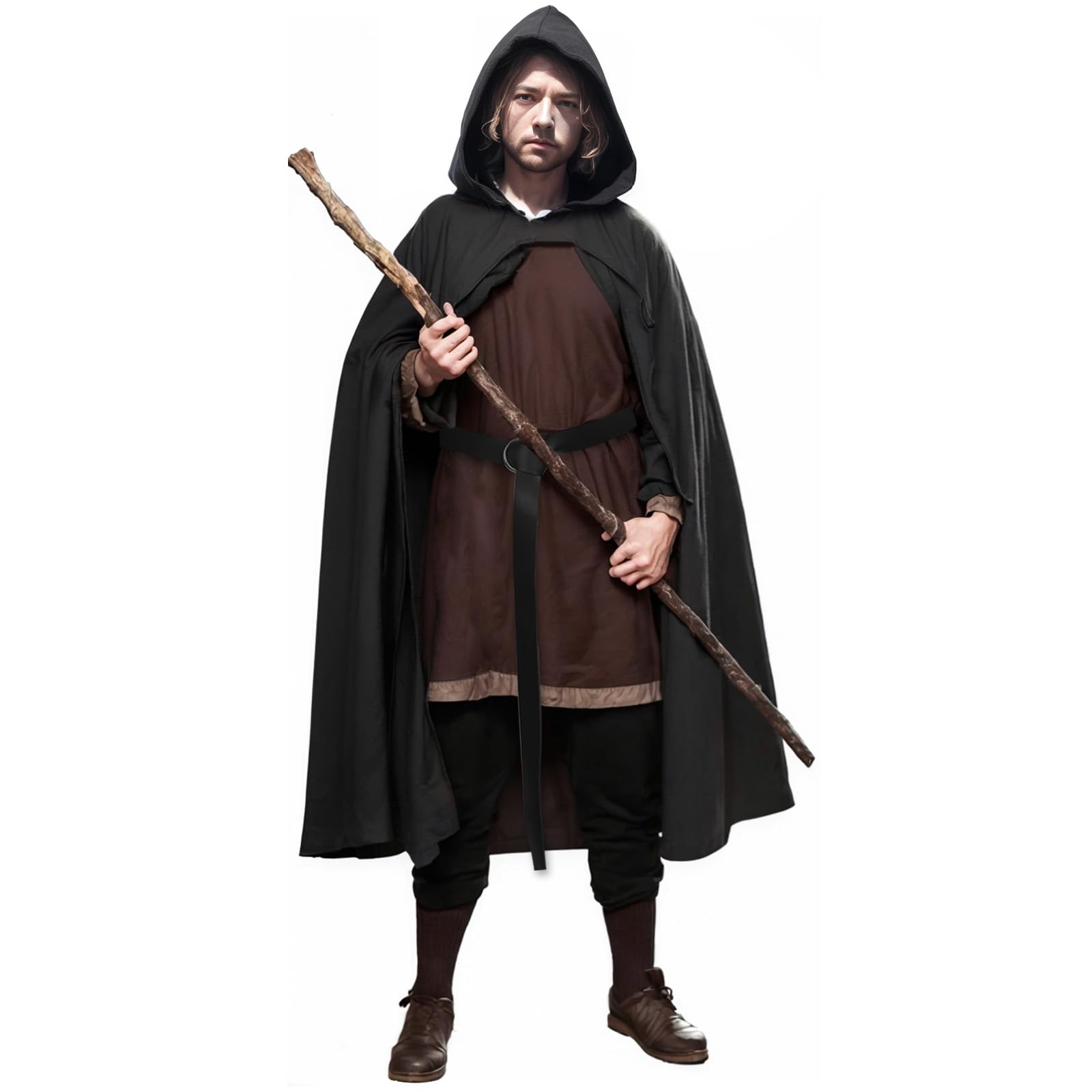 YAIZLBCARenaissance Cloak with Belt Hooded Cape Medieval Hobbit Witch Costume for Halloween Cosplay