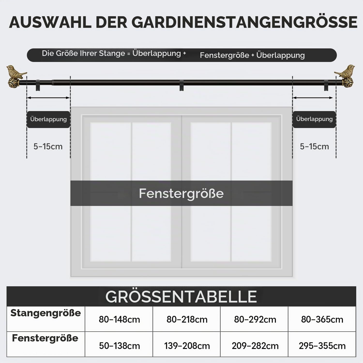 Gardinenstange Gold Antik 80-365cm Metall Ausziehbare Vintage | Ø25mm Lang Vorhangstange Wandmontage mit Vogel-Endstücken und Halterungen für Wohnzimmer Schlafzimmer Küche Terrasse Fenster