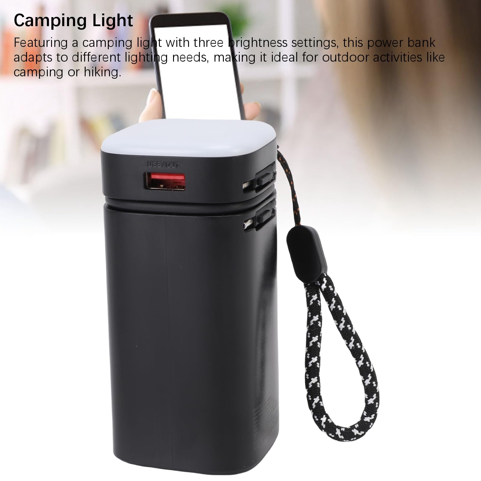 Power Bank Portatile, Stazione di Alimentazione Ad Alta capacità da 20000 MAh con Luci da Campeggio, 3 Livelli di luminosità e Cavo Integrato, 4 Uscite per Campeggio Ed Emergenza