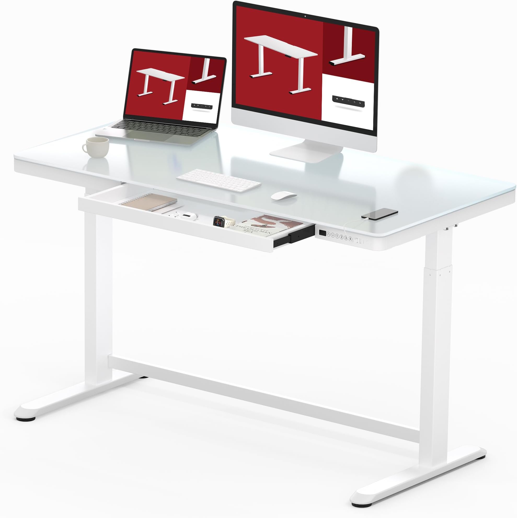 Standing Desk with Drawer, Electric Height Adjustable Home Office Desk with Storage & USB Ports, 48 inch Tempered Glass Tabletop/White Frame