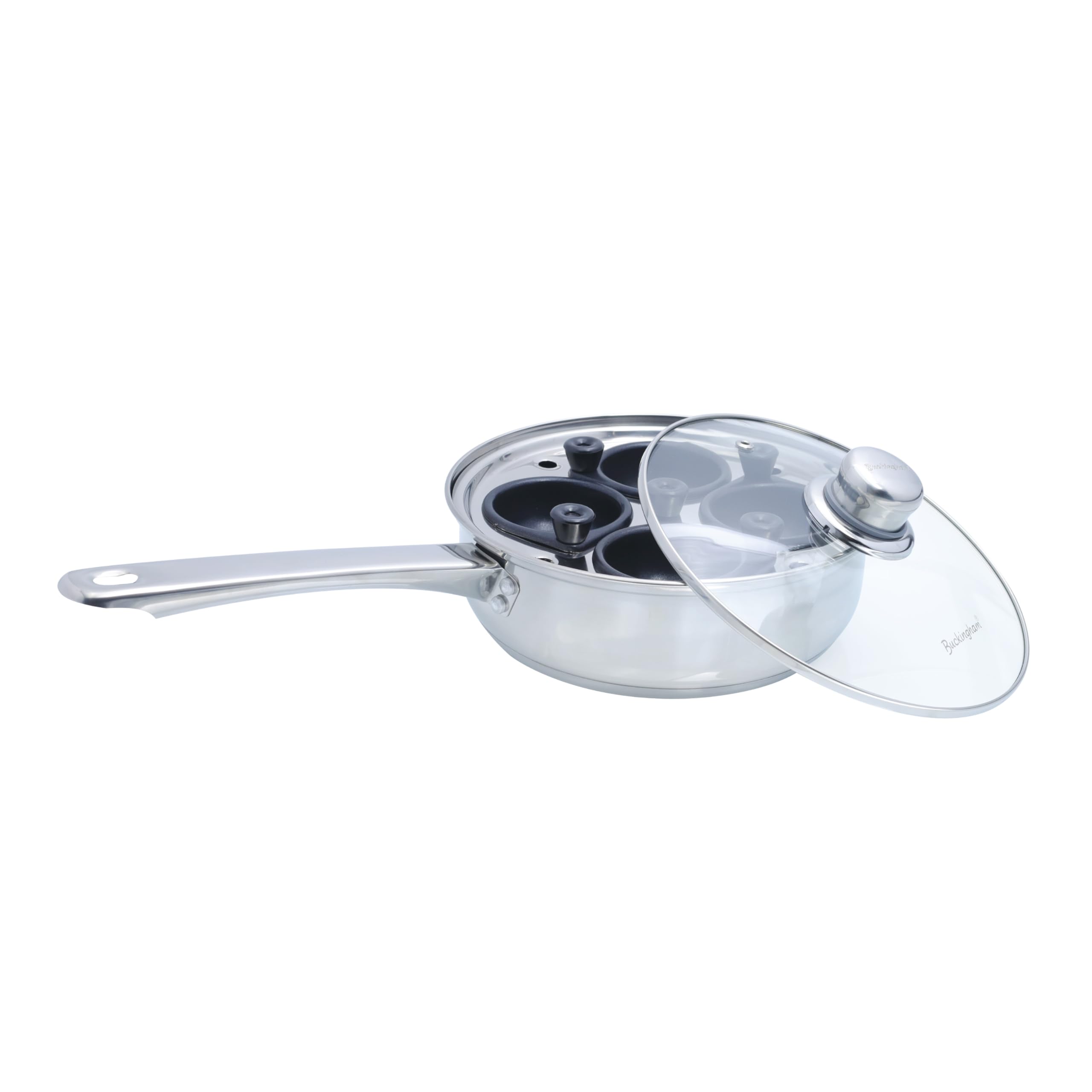Buckingham - Cazo para escalfar 4 Huevos (20 cm de diámetro, con 4 Soportes antiadherentes y extraíbles para Huevos), Color Plateado